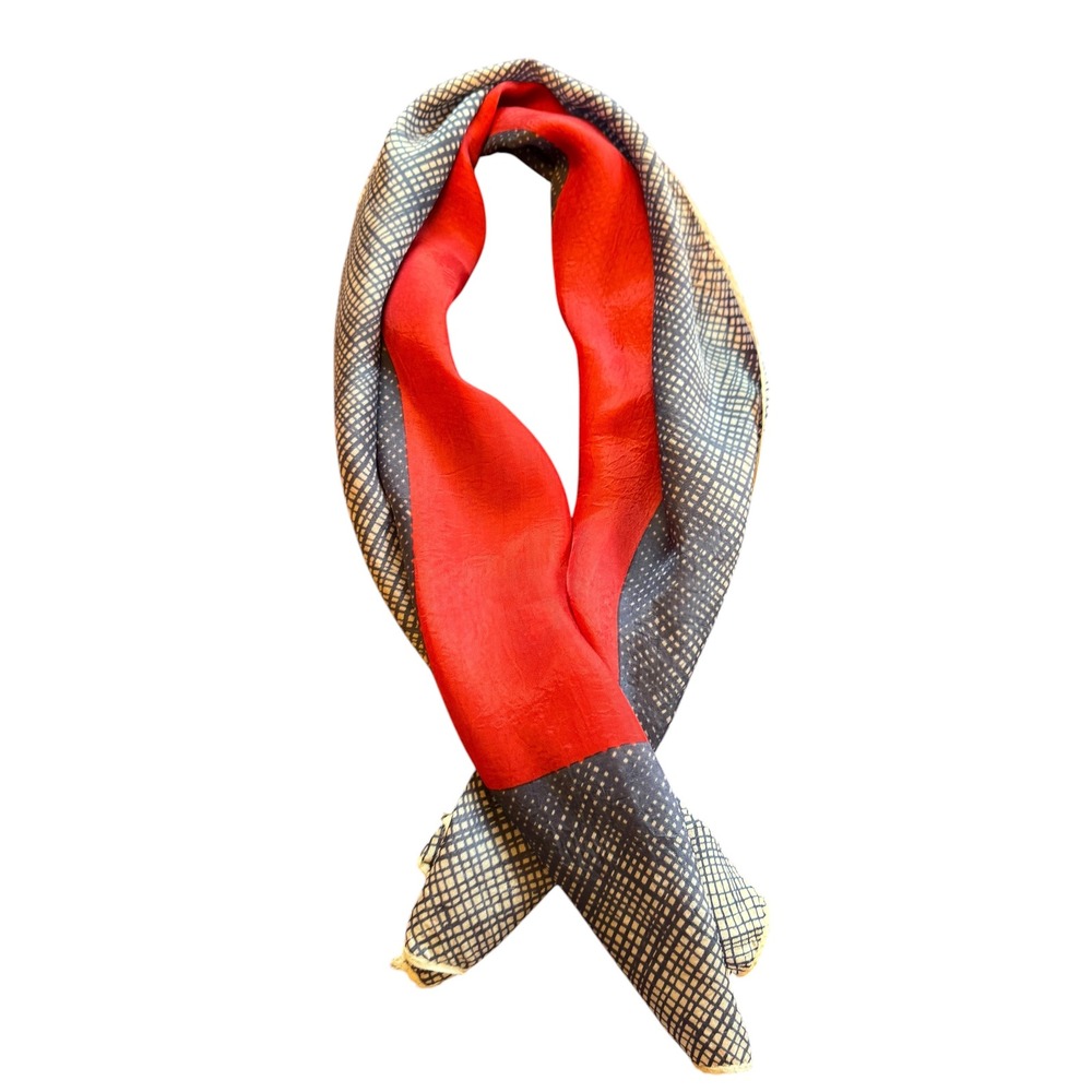 Vintage Made in Japan Acetate Scarf Navy Blue Red Geometric Grid Oblong Retro